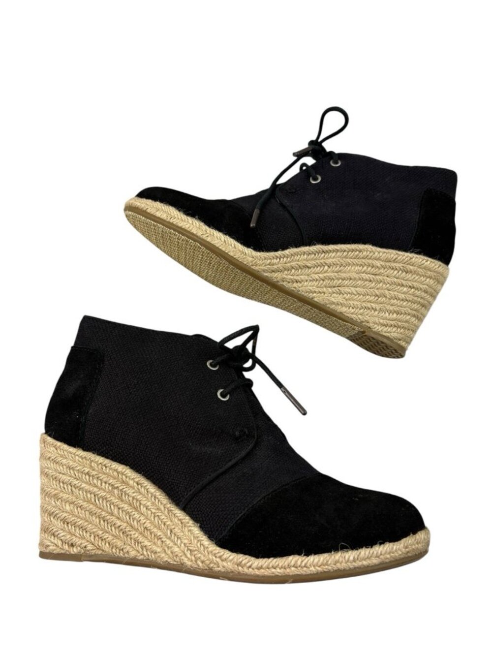 -Toms Espadrille Desert Wedge Booties Womens Size 7 Black Burlap Lace Up 681114
